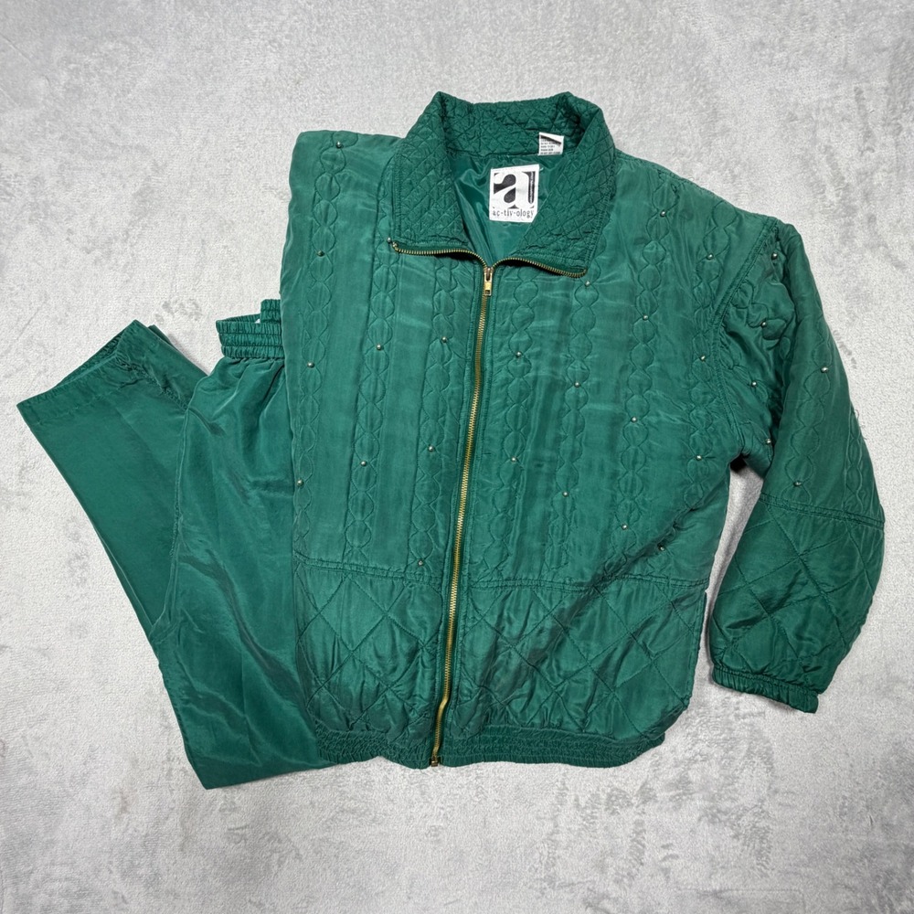 Vintage 90s Green Silk Quilted Track Suit Set Athleisure Size Md Gold Beaded